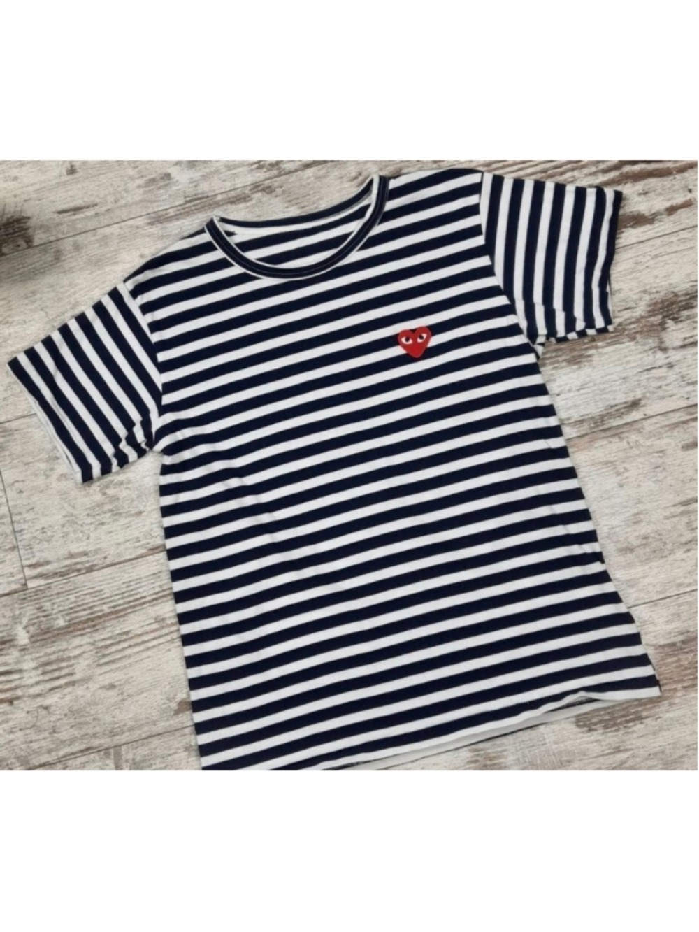 Unisex Comme des Garçons PLAY Striped Short Sleeve Tee L Black White, red heart